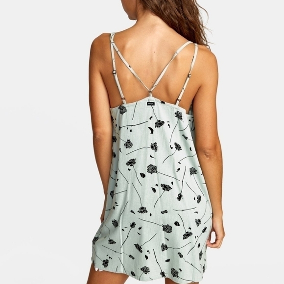 RVCA Sage Jade Green Floral Whine Strappy Back Mini Sun Dress Size Medium - Picture 5 of 12